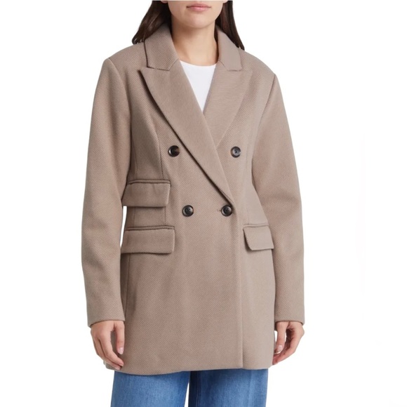 BCBGMAXAZRIA Women’s Peak Lapel Double Breasted Coat Size L Stone Color Classic - Picture 1 of 12